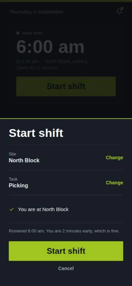 Clock on at site: a confirmation sheet showing site North Block, task Picking, and a note that the worker is two minutes early.