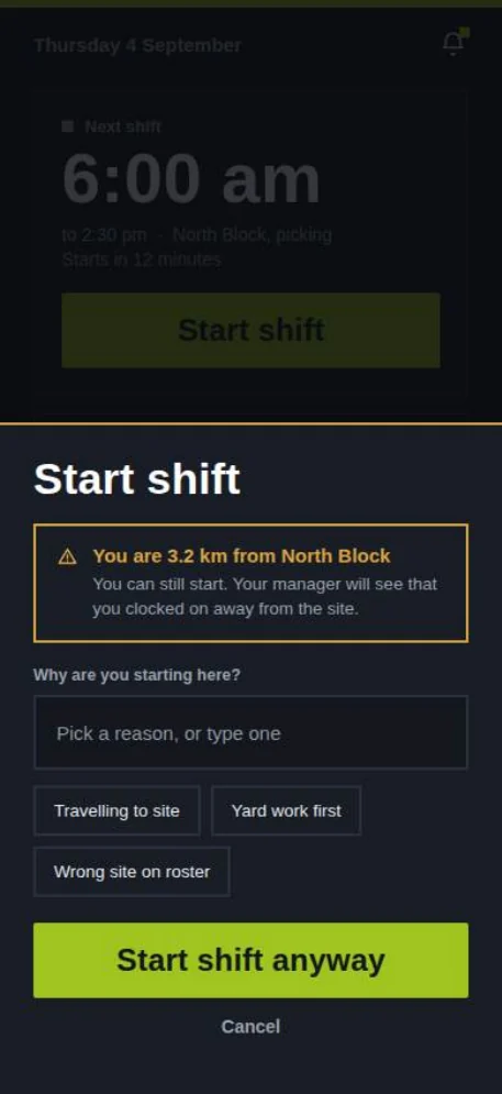 Clock on away from site: a warning that the worker is 8.2 km from North Block, a reason picker, and a Start shift anyway button.
