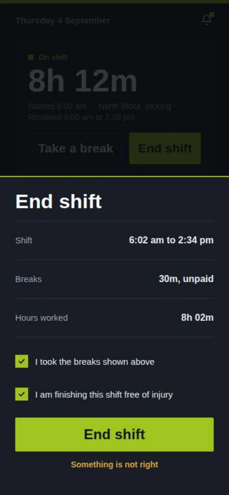 Clock out and attest: shift 6:02 am to 2:34 pm, 30 minutes unpaid breaks, 8 hours 2 minutes worked, with two tick boxes.