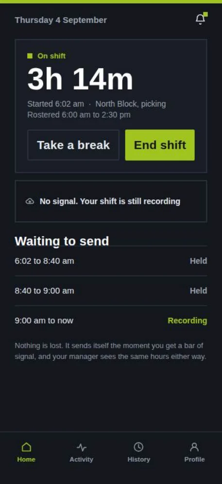 No signal: the shift is still recording, with a waiting to send list of segments held on the phone.
