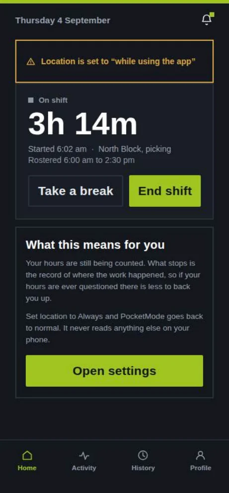 Permission missing: a warning that location is set to while using the app, with an explanation and an Open settings button.