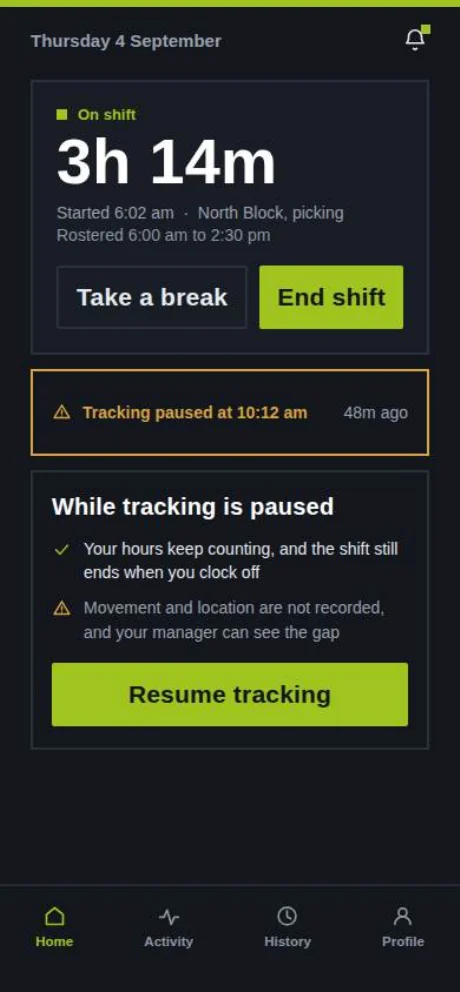 Tracking paused at 10:12 am, with a note that hours keep counting and a Resume tracking button.