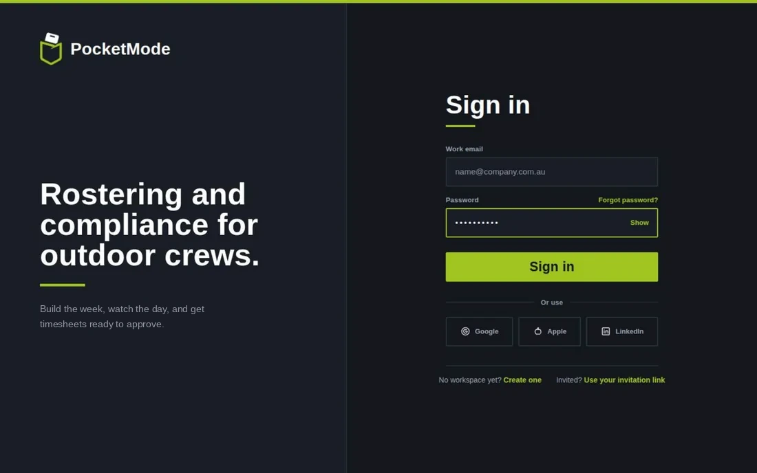 Manager dashboard sign-in screen with the headline Rostering and compliance for outdoor crews.