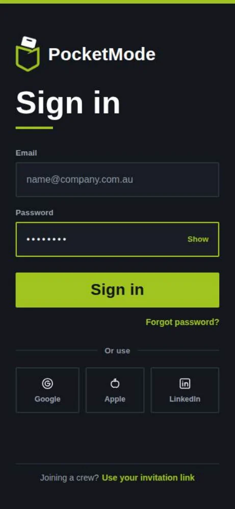 Worker app sign-in screen with email and password fields and Google, Apple and LinkedIn options.