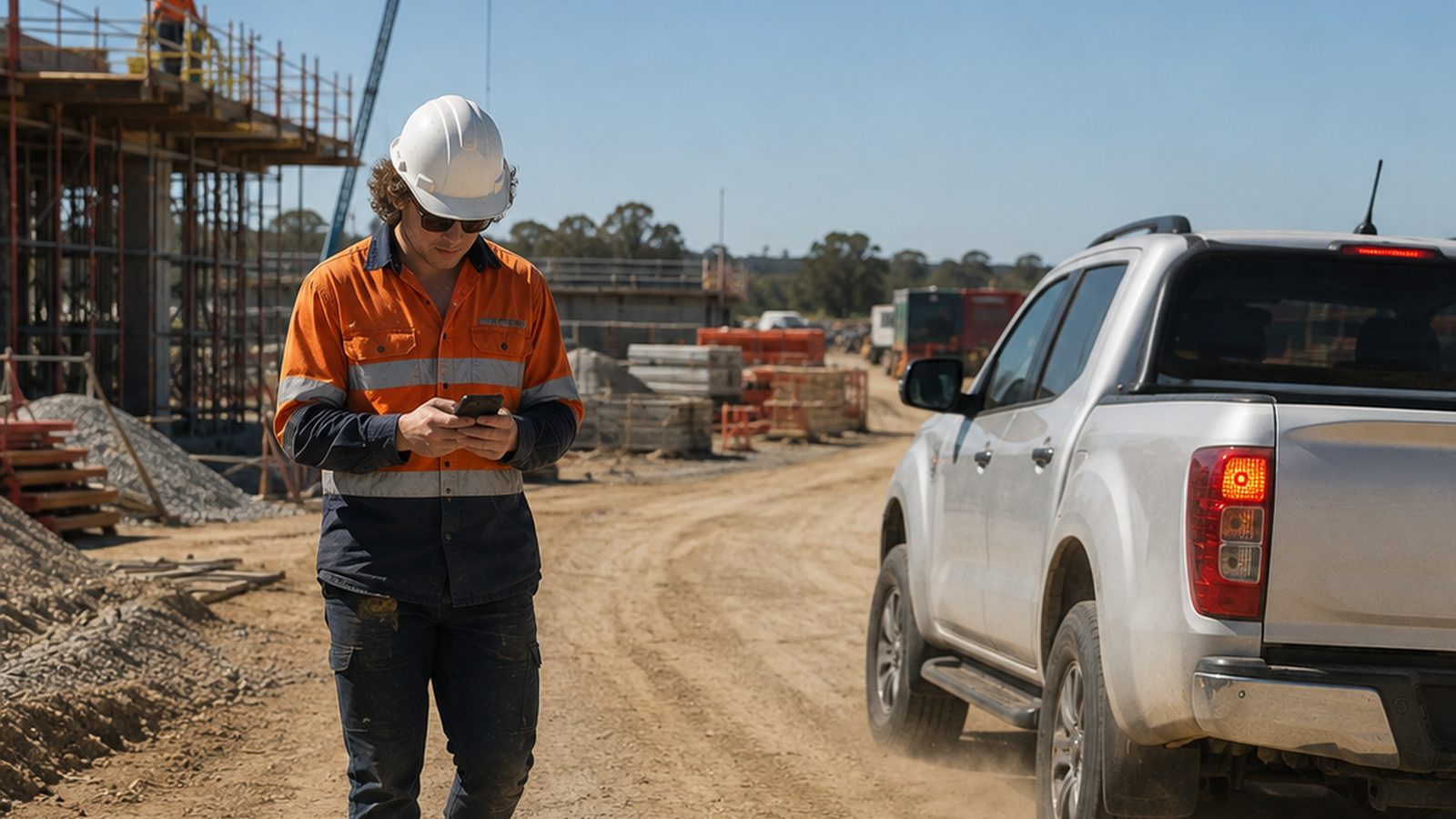 A worker in high-visibility clothing checking a smartphone beside a haul road.