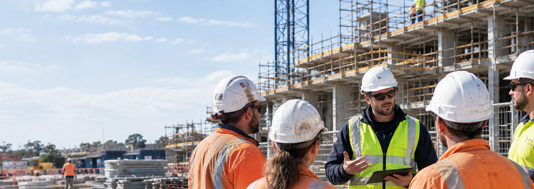 A supervisor briefing a crew of workers in hard hats on a construction site.