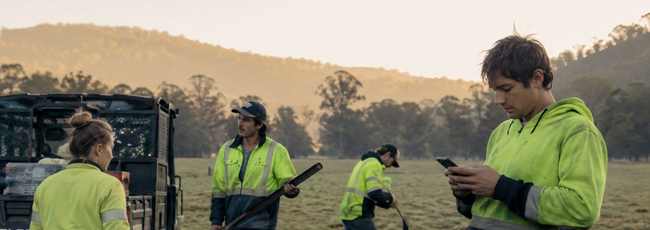A fencing crew working in a paddock at dawn, one worker checking a smartphone.