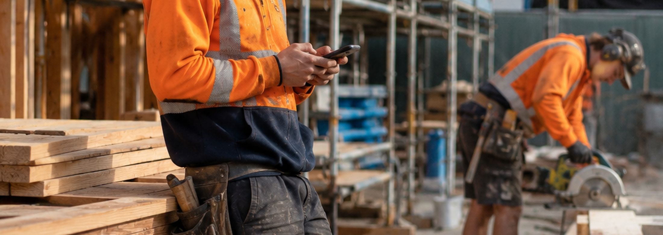 A worker in high-visibility clothing checking a smartphone beside a stack of timber on a construction site.