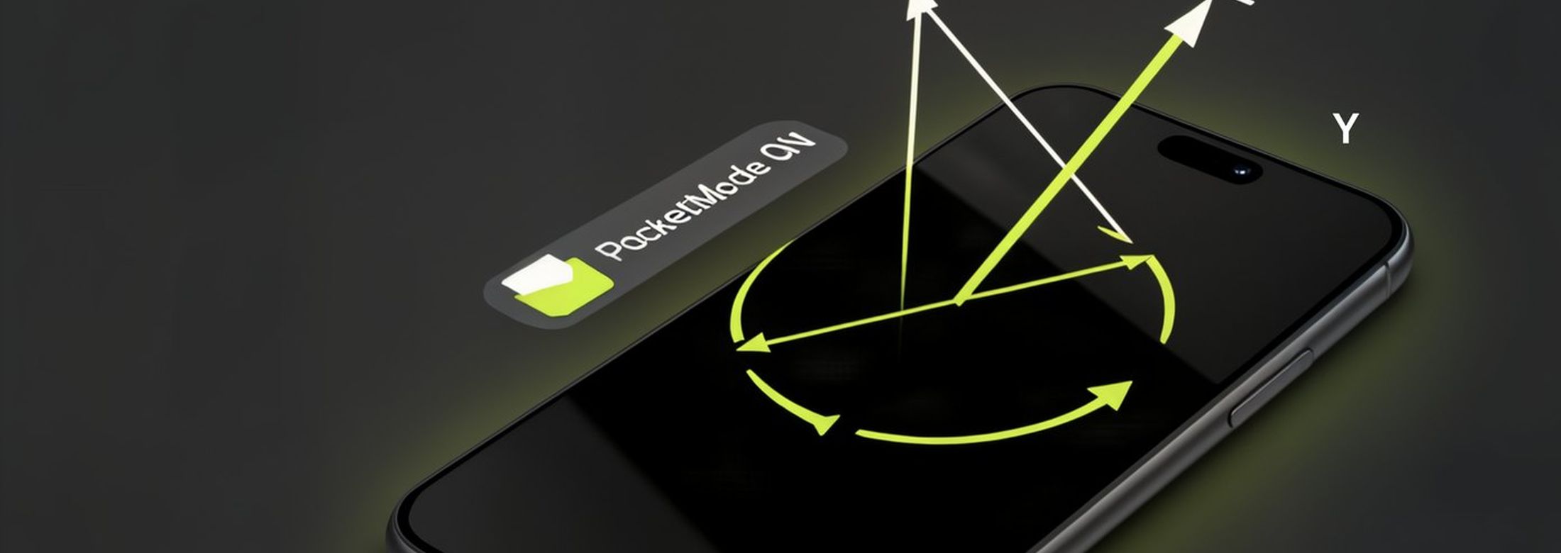 A smartphone lying on a dark surface with its three motion axes drawn over it.