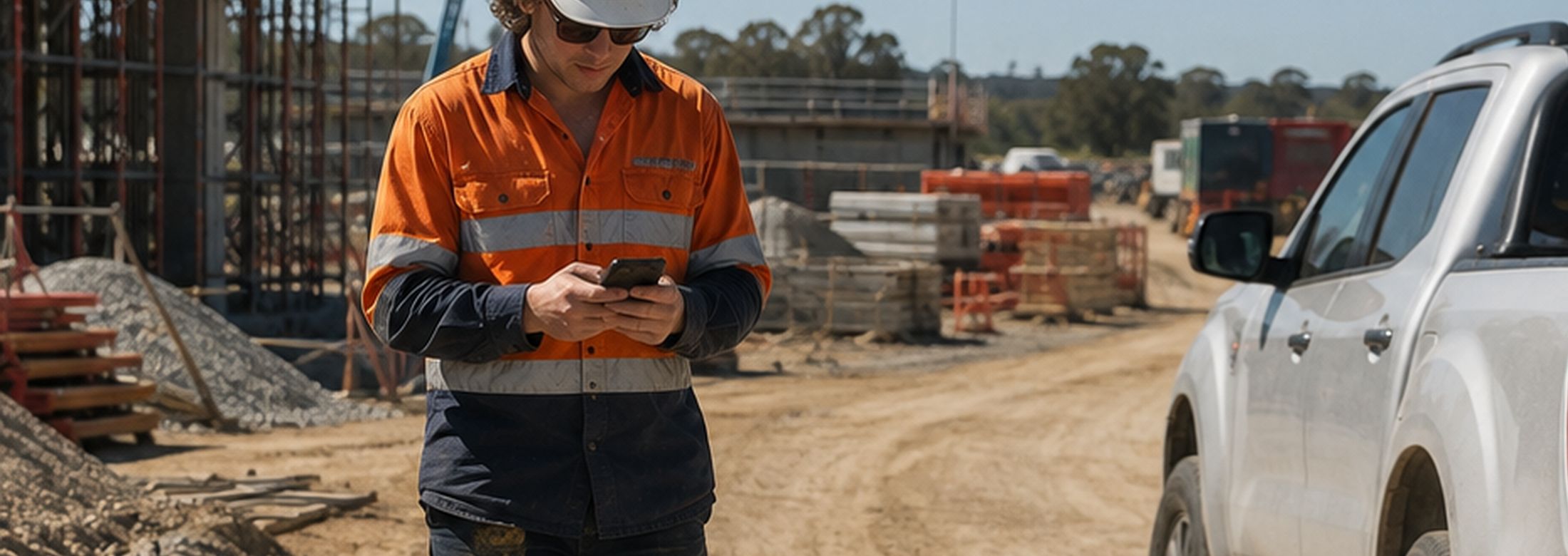 A worker in high-visibility clothing on a smartphone beside a haul road, with a ute passing.