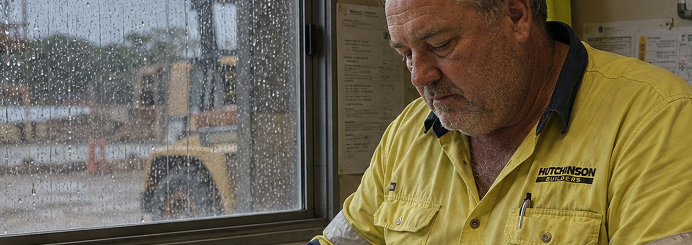 A site supervisor filling in paperwork at a desk in a site office, rain on the window behind him.