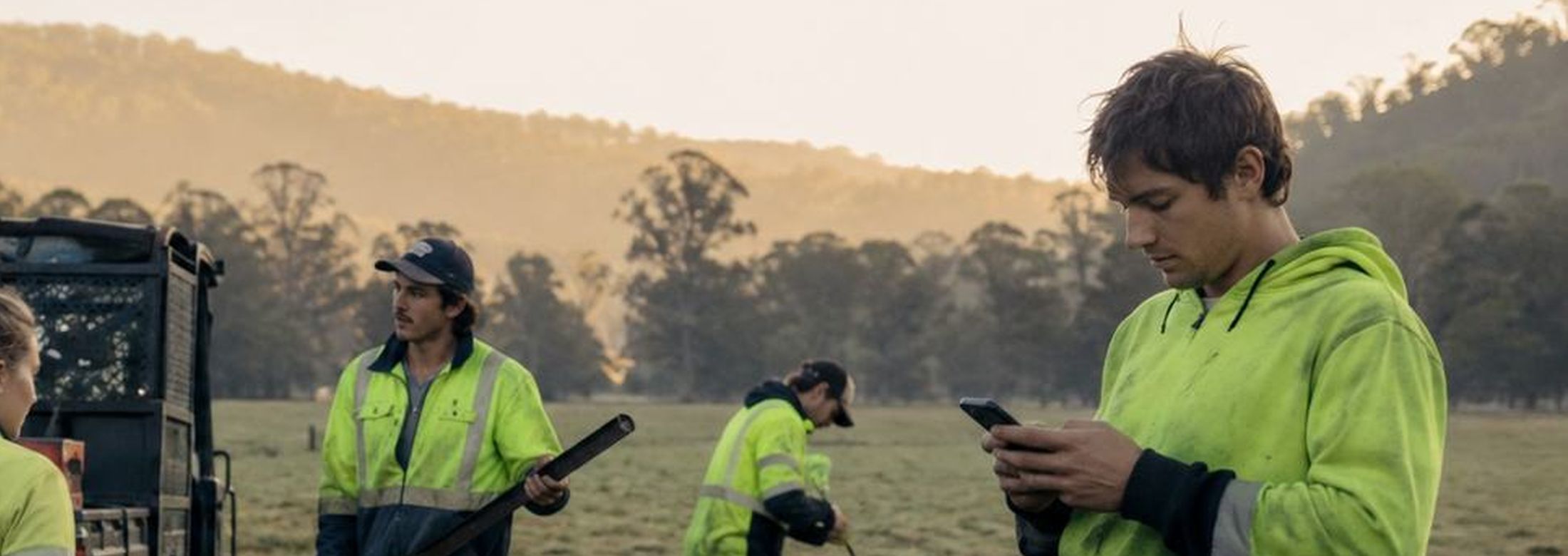 A farm worker in high-visibility clothing on a smartphone beside a ute in a paddock.