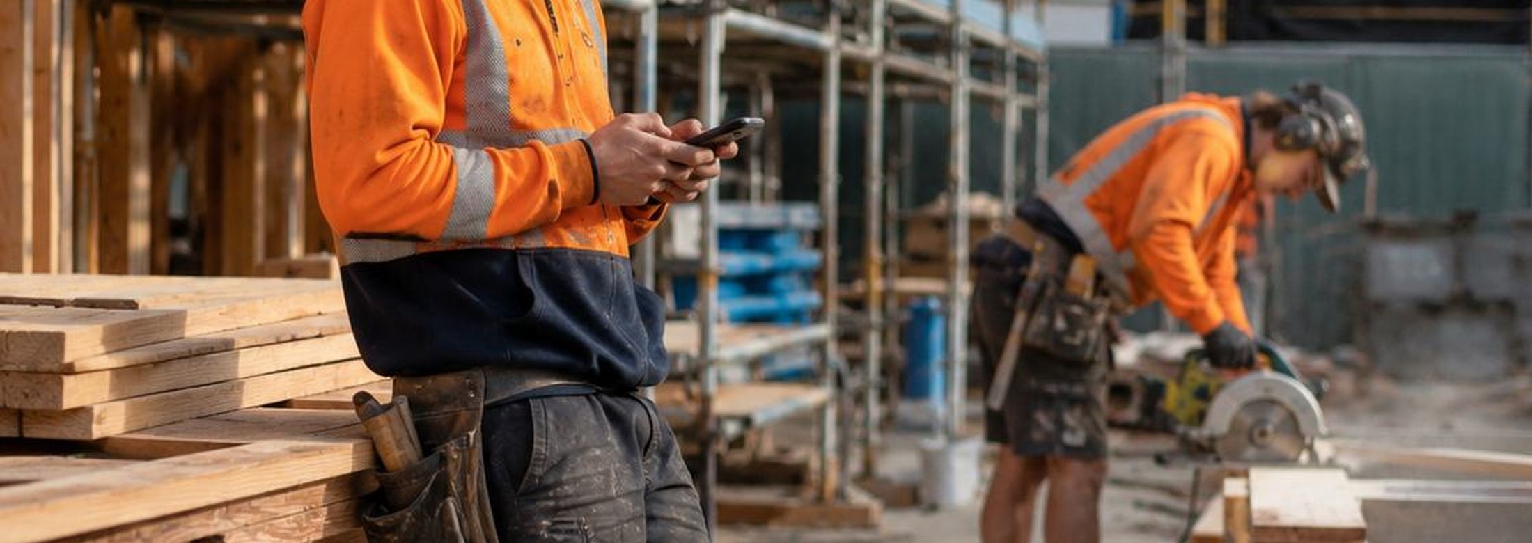 A worker in high-visibility clothing on a smartphone beside a stack of timber on a construction site.