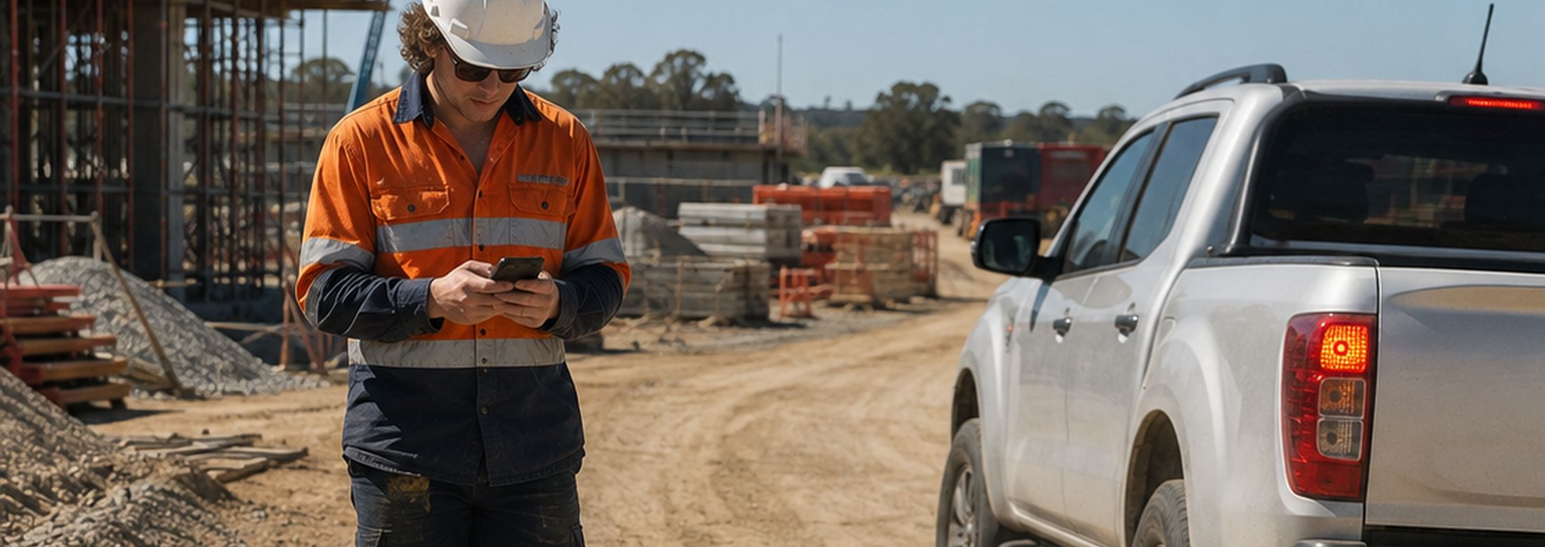 A worker in high-visibility clothing on a smartphone beside a haul road.