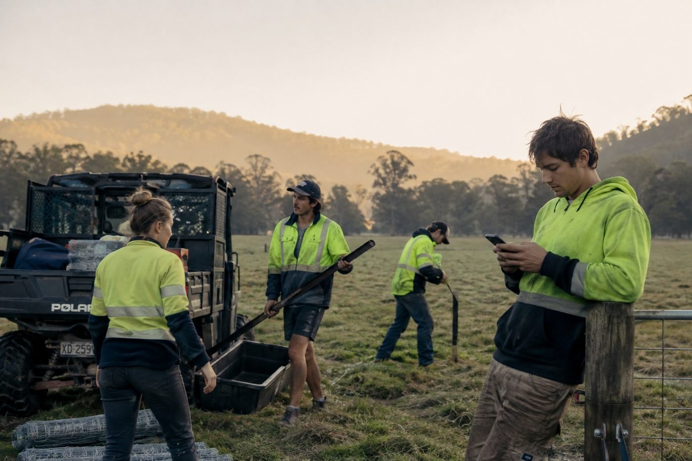 A fencing crew in high-visibility shirts working in a paddock in low early-morning light, one of them checking a phone, with a side-by-side utility vehicle, a wheelbarrow of fencing gear and a line of hills behind them.