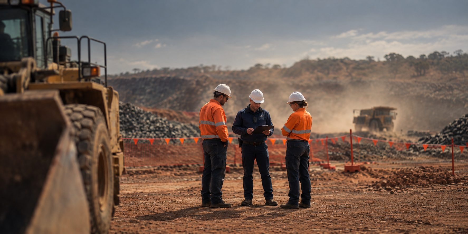 Three workers in hard hats talking over a clipboard on a red-dirt mine site, two of them in orange high-visibility shirts, with a loader in the foreground, orange barrier bunting behind them and a haul truck raising dust in the distance.