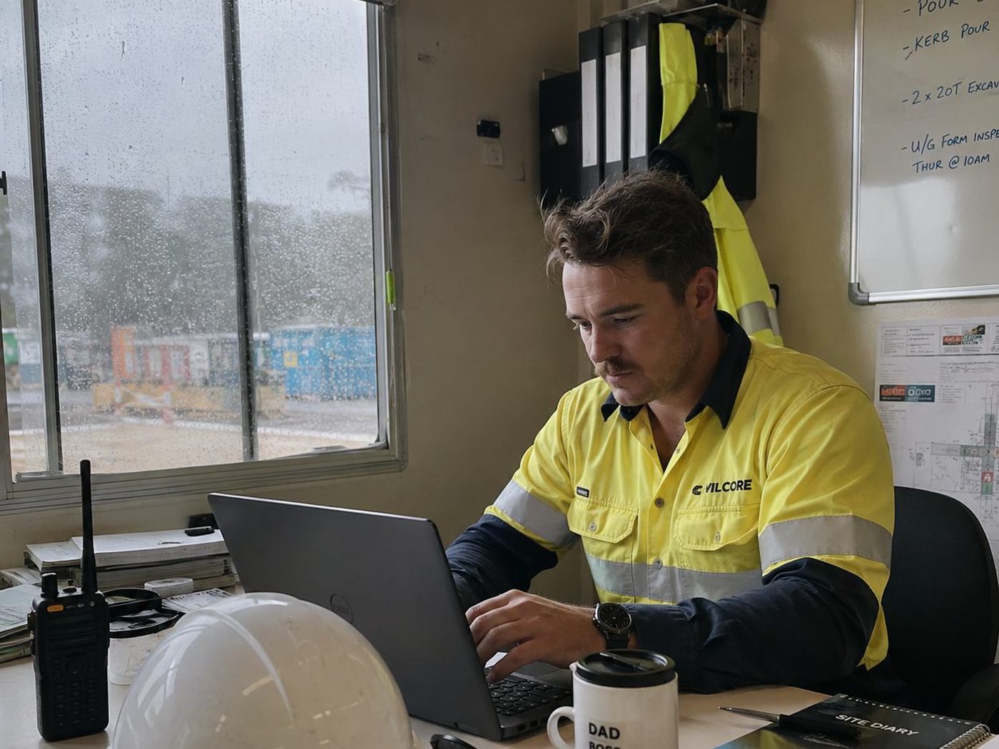 A site supervisor in a yellow high-visibility shirt working at a laptop in a site office, with lever-arch folders on the wall behind him and a site diary on the desk.